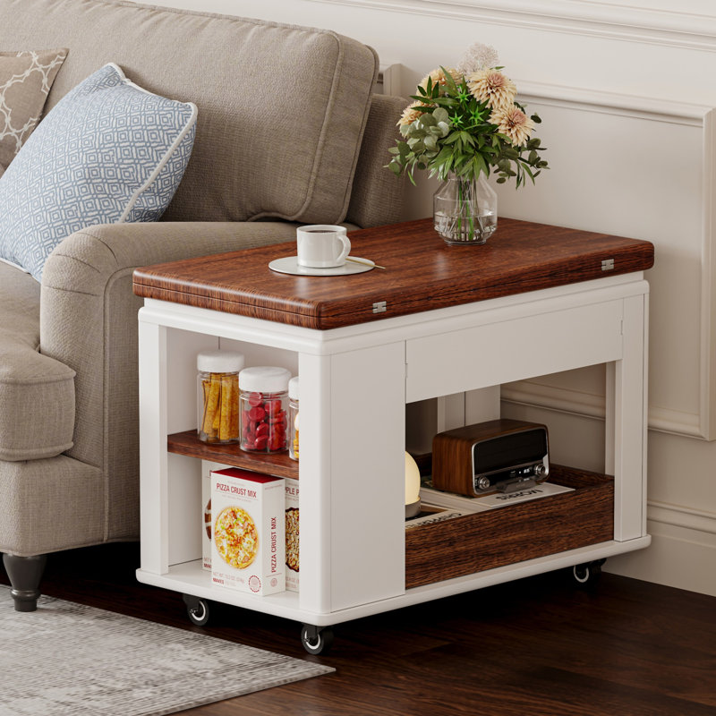 Table basse / table d'appoint moderne 27,6 po avec plateau pliable et roulettes (table incluse seulement), Blanc