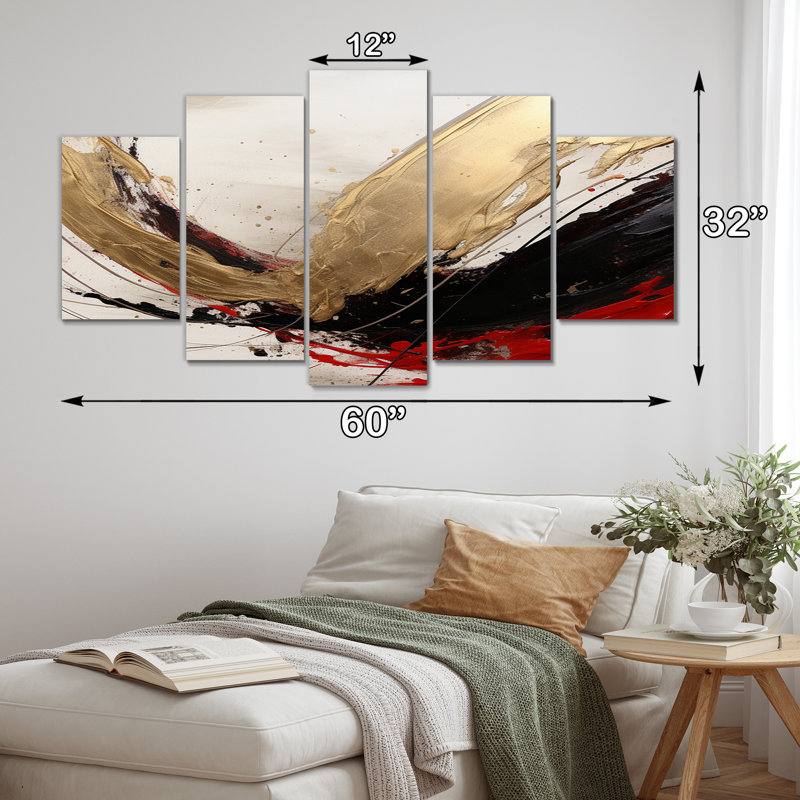 Midnight Passion Abstract Wave Scarlet & Gold IV - Art mural abstrait sur toile - 5 panneaux