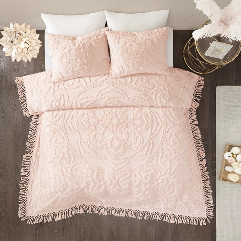 Édredon en coton à médaillon Global, Couvre-lit très grand + 2 taies, Rosé géométrique