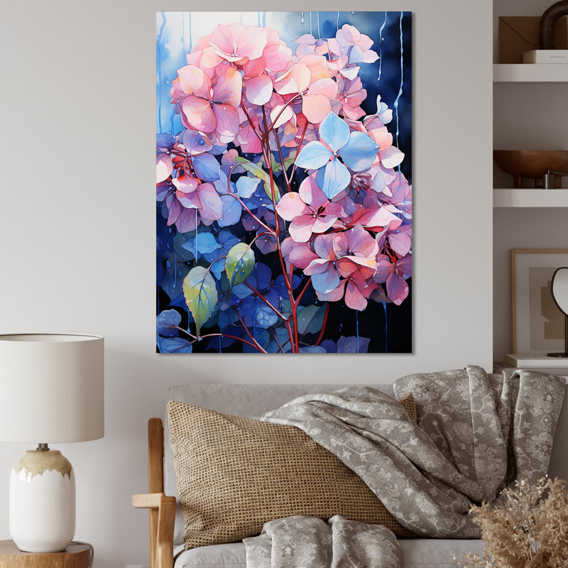 Hortensias bleus et mauves I, H 44 po x l 34 po x P 1,5 po, Toile tendue