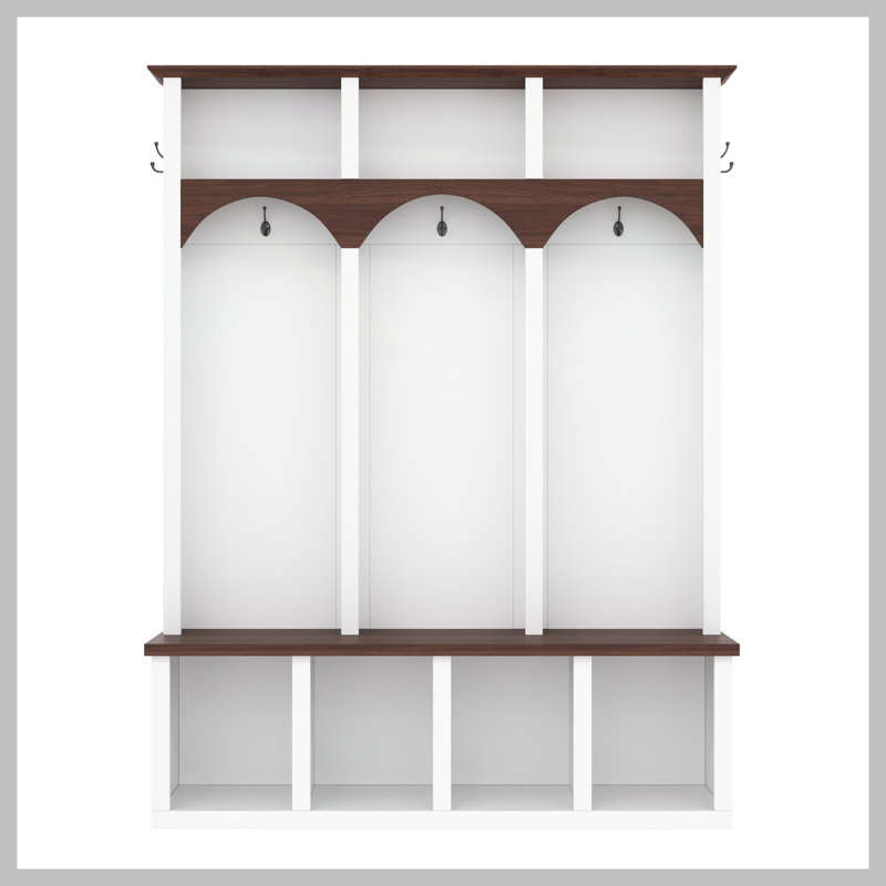 Farmhouse Wooden Style Hall Tree with Arched Design, Practical Entryway Walnut Storage Bench with 5 Black Hooks, Minimalist 4-in-1 Hallway Shoe Cabinet with 7 Cubbies for Mudroom, Living Room, White
