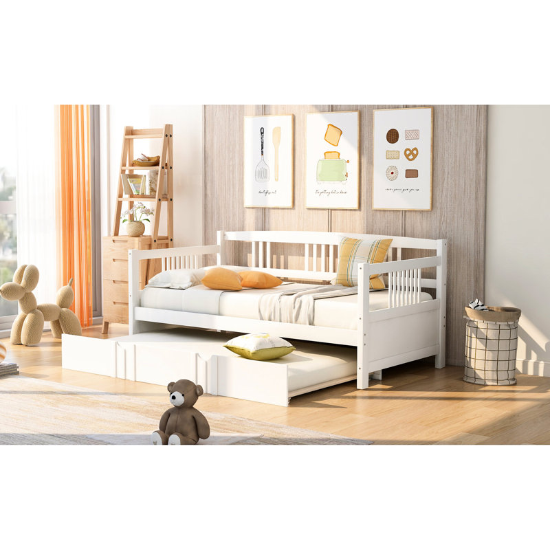Twin Size Daybed With Trundle, Robust Wood Construction For Extra Sleeping Option Trundle In White, Pine Functional Home Spaces