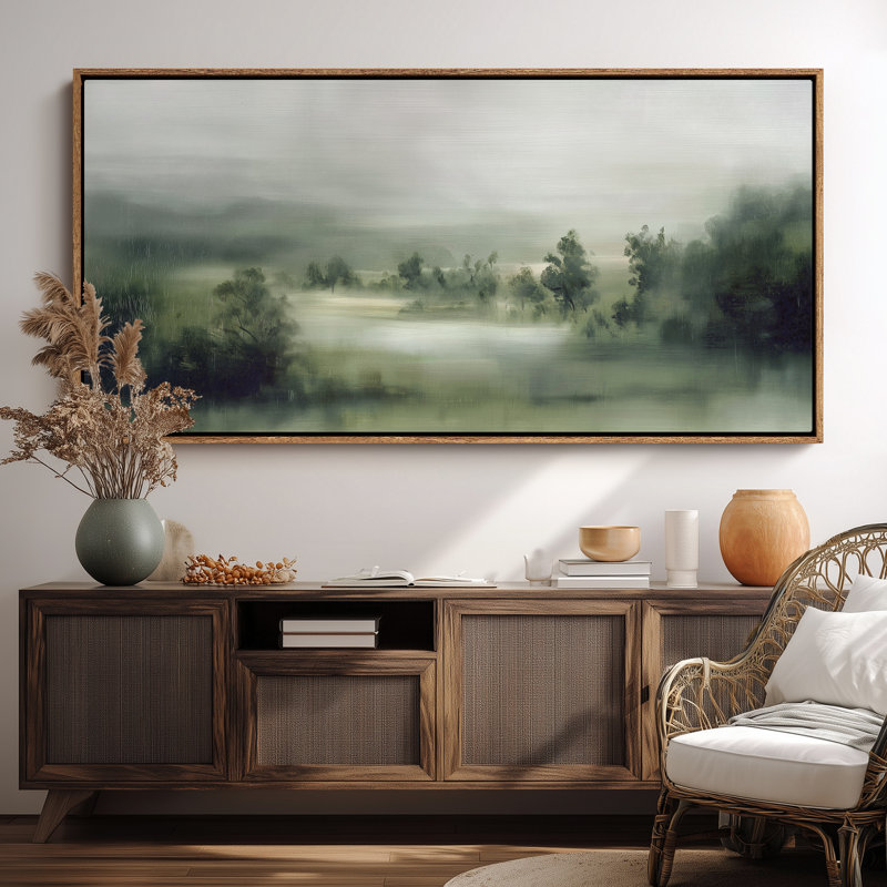 «Extra Large Tranquil River Valley, Soft Green Landscape», reproduction d'art mural, H 30 po x l 60 po, Naturel