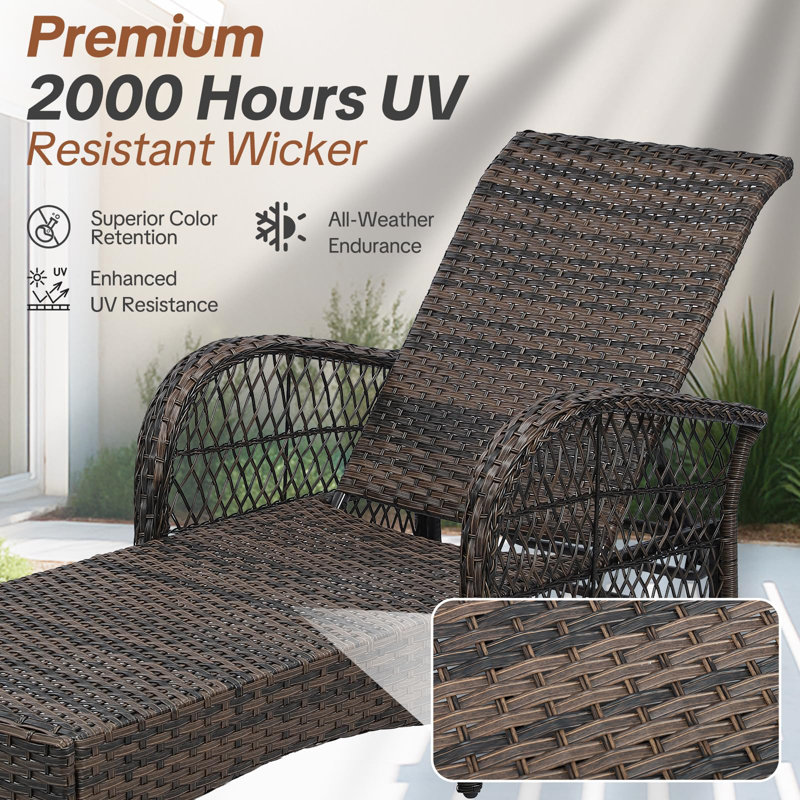 Outdoor Wicker Chaise Lounge Chairs Set Of 2, Patio Rattan Lounger With Armrest, Adjustable 6-Level Backrest And Pillow, All Weather Pool Sunbathing Reclining Chairs For Deck Yard, Beige