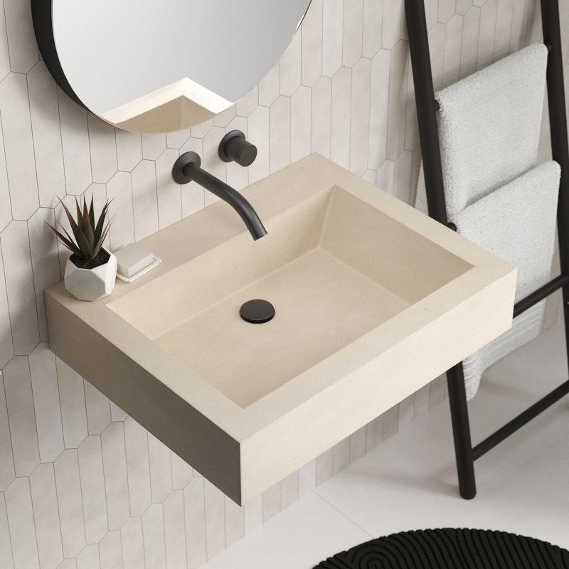 Lavabo de salle de bain mural rectangulaire en béton Natoma, Sable, Aucun trou de robinet