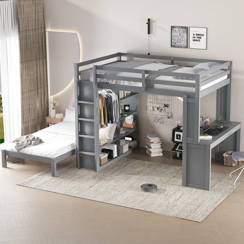 Lit superposé avec lit inférieur démontable et bureau, structure de lits superposés en bois massif avec tablettes intégrées et garde-robe, peut être converti en lit mezzanine