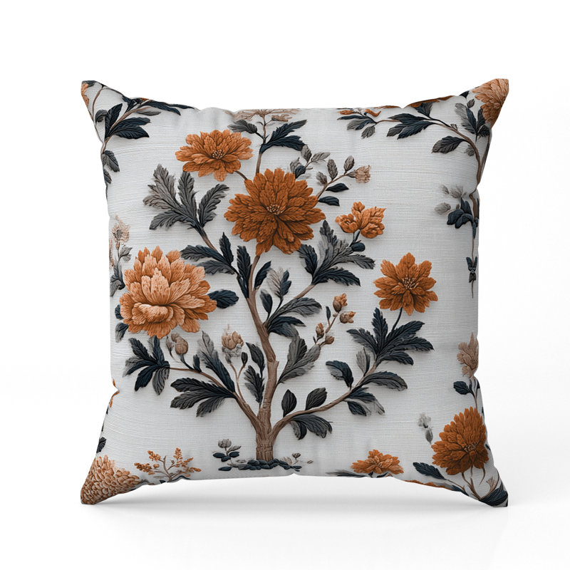 Embroidered Dahlia Trail Indoor/Outdoor 26x26, Square 26", White/Orange