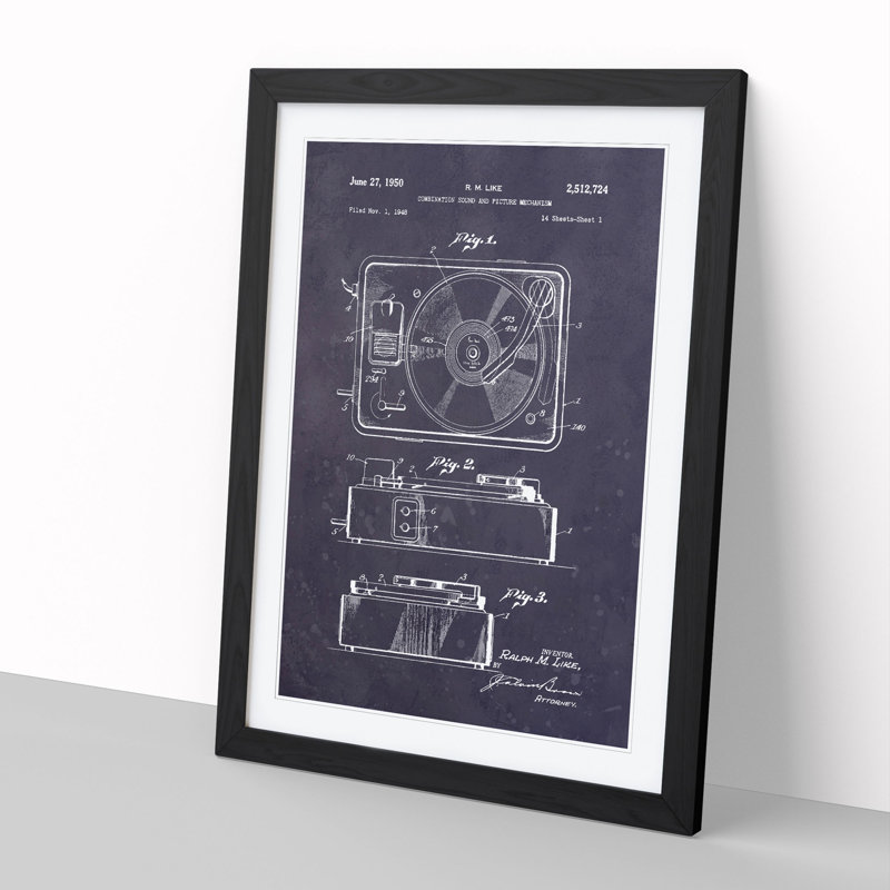 Record Player Patent Dark - Picture Frame Graphic Art, Black Framed, 36cm H x 27cm W x 2cm D