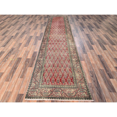 3'x12'8" Crimson Red, Vintage Persian Tabriz with Repetitive Cypress Tree Design, 100% Wool, Hand Knotted, Cropped Thin, Worn and Distressed, Sides and Ends Professionally Secured, Runner, Oriental Rug