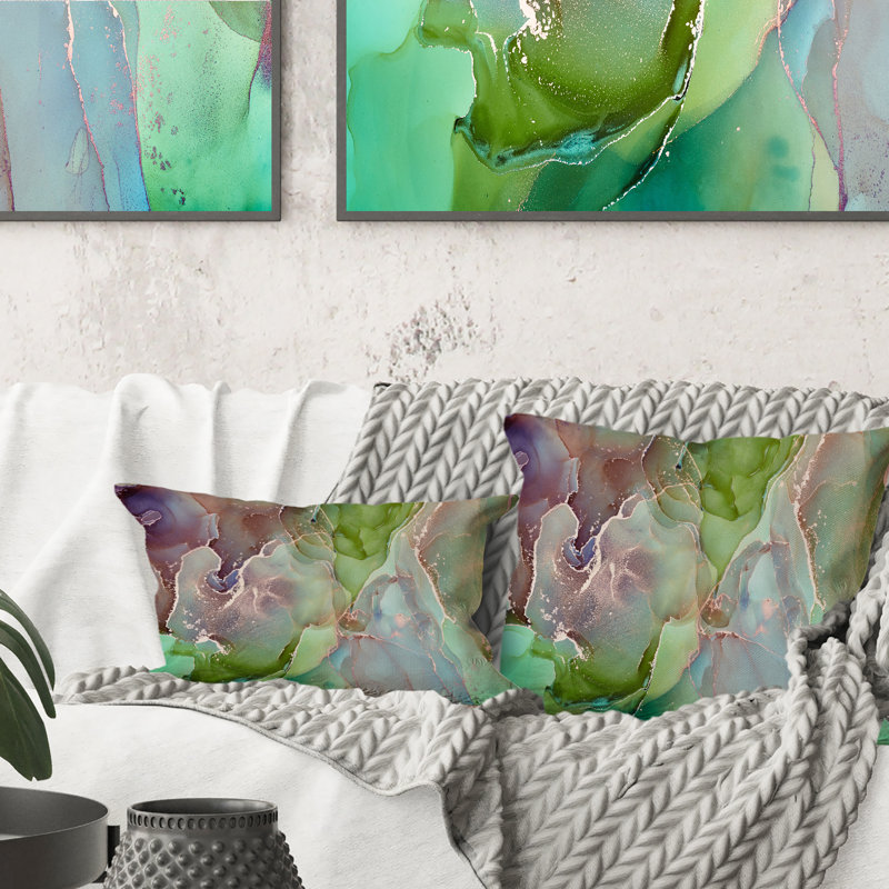 Green And Pink Abstract Ink Art - Modern Printed Throw Pillow, 16" x 16"
