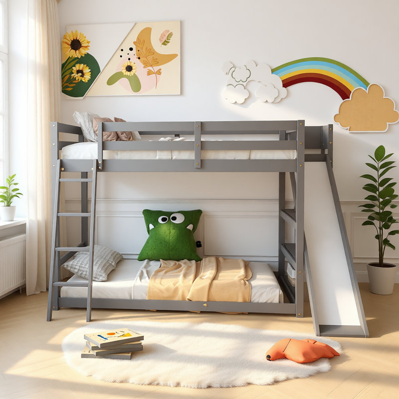 Lit superposé double avec glissière, tablettes de rangement, échelle, structure en pin massif, garde-corps de sécurité, aucun sommier requis