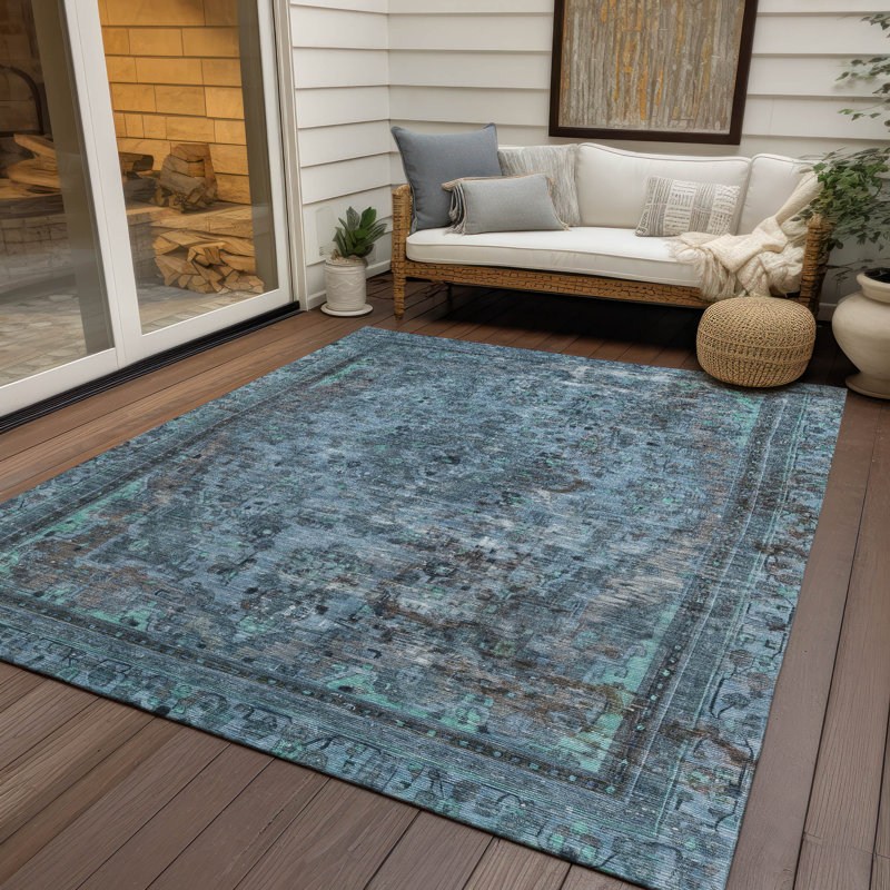 Tapis bleu intérieur / extérieur lavable à la machine Claudian ACN1646, Rectangle 5 pi x 7 pi 6 po