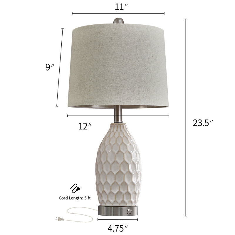 Intissar 3-Way Dimmable Ceramic Bedside Lamp with USB Port for Desk, Office