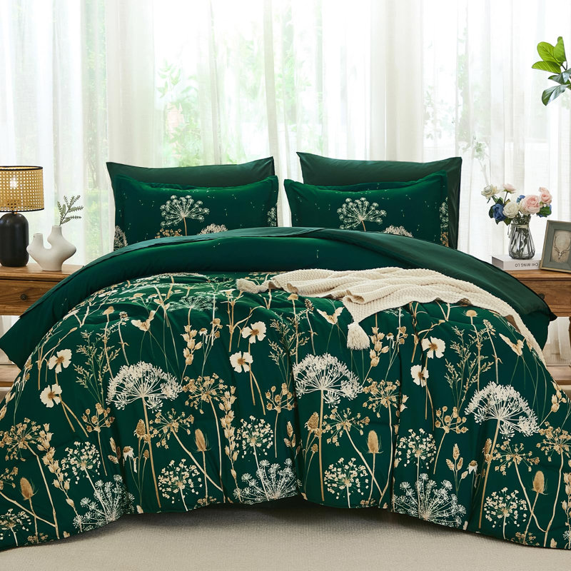 Ensemble d'édredon floral 7 pièces Dandelion, Vert foncé, Grand édredon et 6 pièces supplémentaires