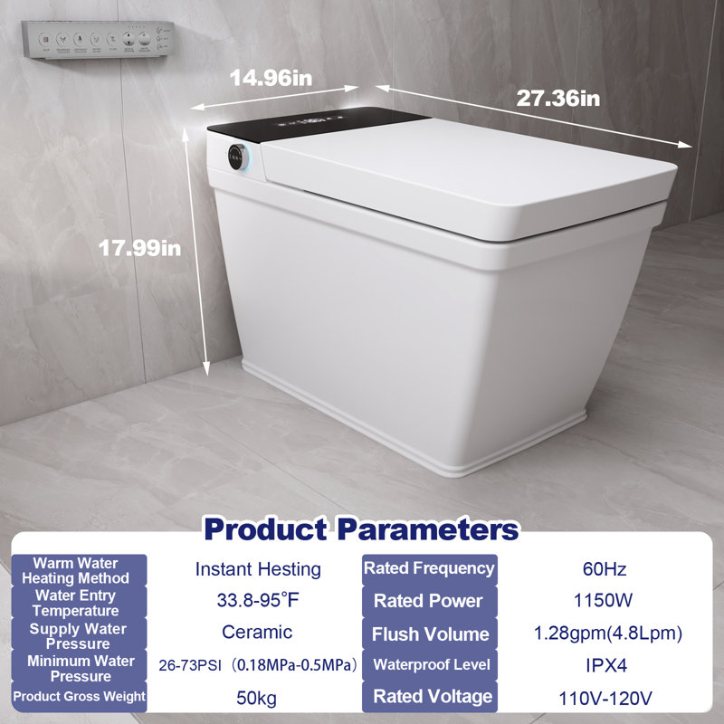 Toilette intelligente T505-WH, toilette à siège carré une pièce avec mode nettoyage et séchoir à air chaud