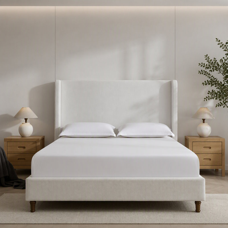 Grand lit plateforme tapissier avec tête de lit grand, tissu chenille blanc crème de 54 pouces de hauteur, cadre de lit tapissier moderne