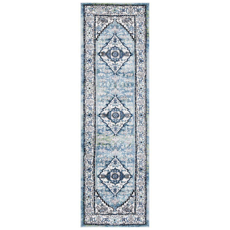 Tapis bleu-vert / ivoire Evanoff 261, Tapis de couloir 2 pi 3 po x 8 pi