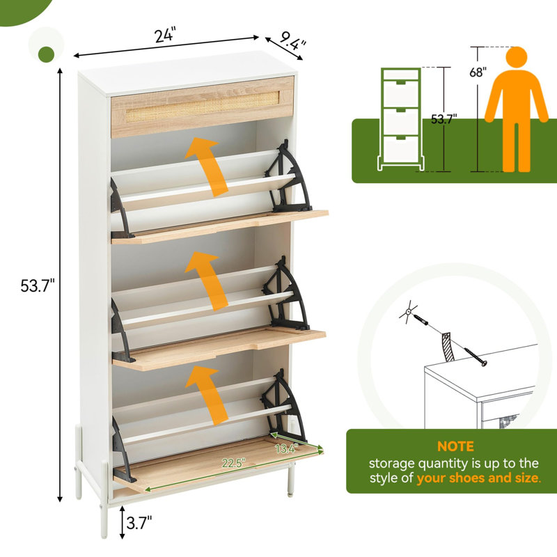 Shoe Cabinet, Shoe Storage with 3 Flip Doors, Natural Rattan Shoe Rack with Adjustable Shelf, 1 Drawer, Shoe Organizer Cabinet for Entryway