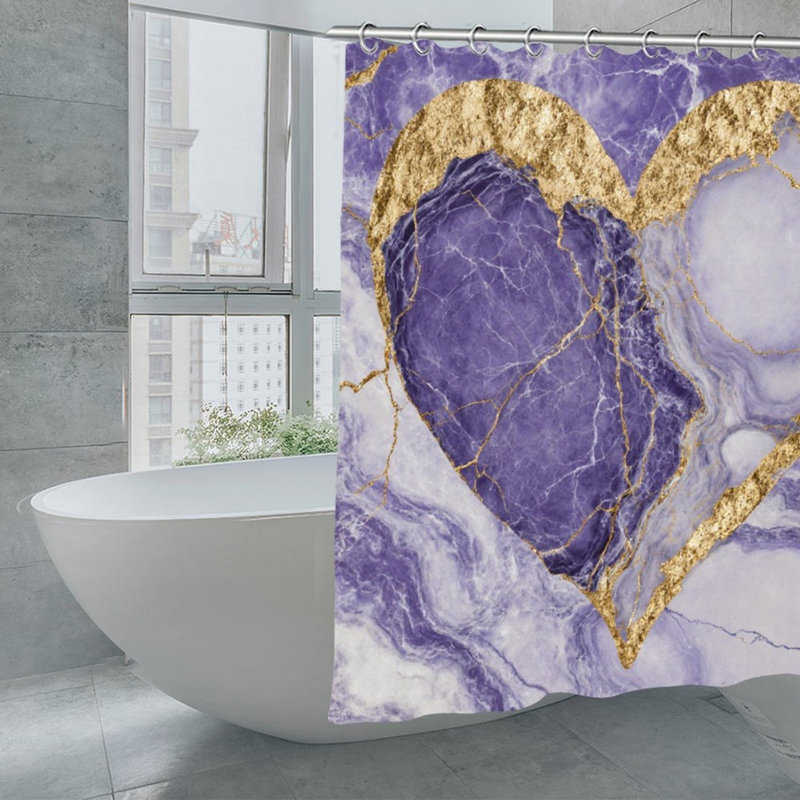 Rideaux de douche mauve à motif de cœurs mauves et dorés, L 72 po x l 72 po, or lavande