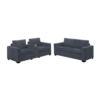 Elegant Simple Sofa W Console Cup Holder And Loveseat 2Pcs Sofa Set Wide-Welt Corduroy Living Room Couch