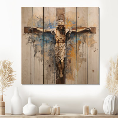 Minimalism Jesus Cross Religious - Religious Landscape Wood Art On Natural Pine Wood