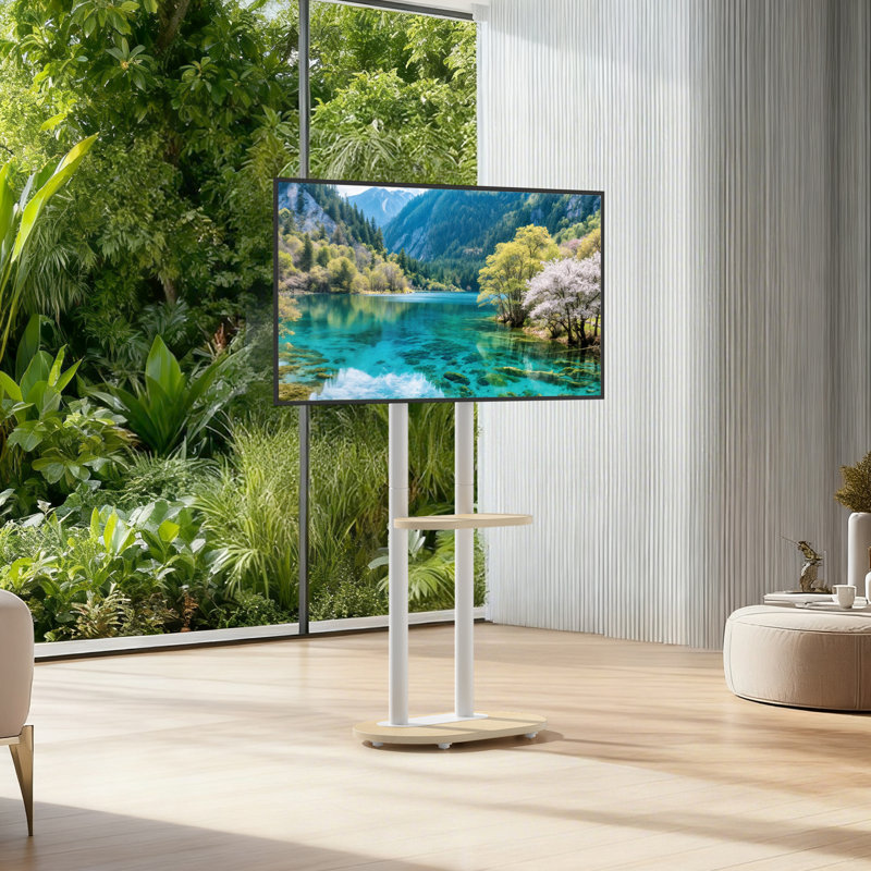 Meuble télé mobile: meuble télé blanc minimaliste avec tablette pour téléviseurs à écran plat à DEL de 40 à 75 po, support pour téléviseur à roulettes lourdes à hauteur ajustable sur roulettes dissimulées