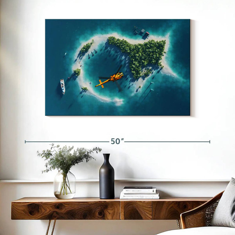 Gillard Helicopter Over Tropical Island, 26" H x 39" W