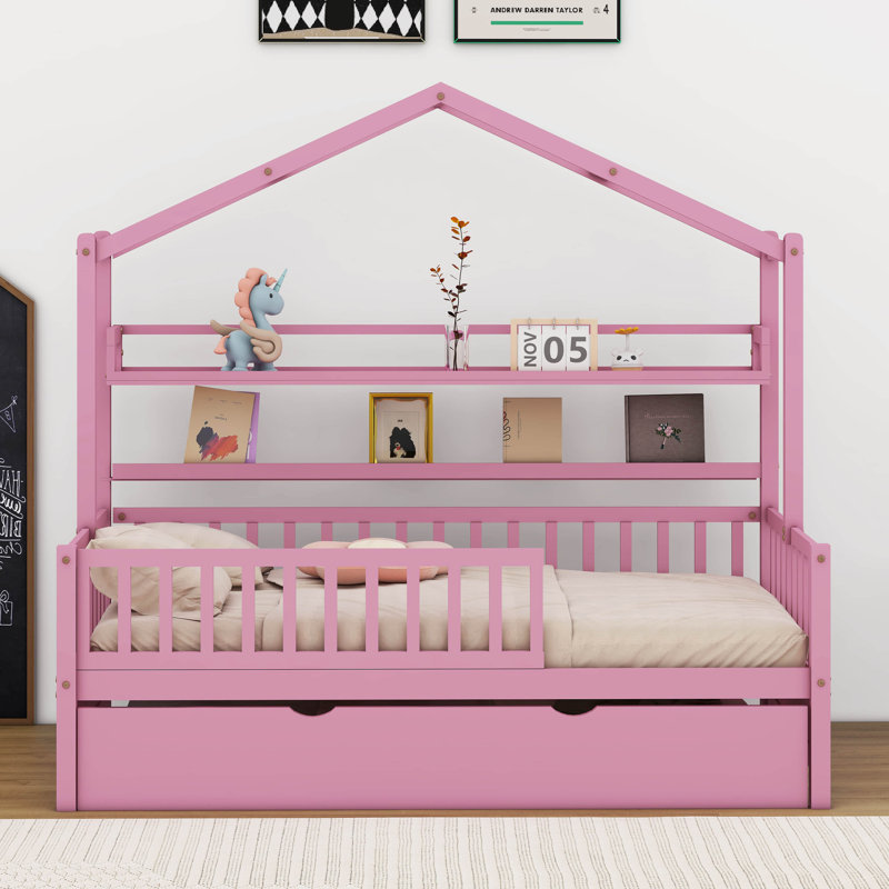 Lit maison avec lit gigogne et tablette, Lit simple, Rose