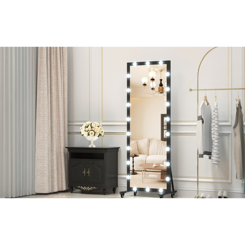 Miroir pleine grandeur avec lumières et 3 modes de couleur, 63 x 24 pouces, luminosité réglable, fixé au mur ou incliné, noir, pour habiller le lit - Miroir suspendu, lumières DEL, commande tactile, salle de bain