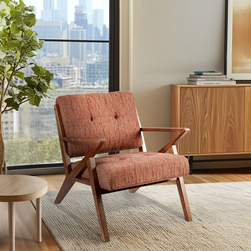 Balom Retro Button Tufted Upholstered Arm Chair with Angled Wood Frame, Orange Textured