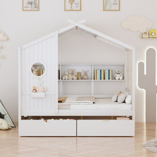 Charming Wooden Full-Size House Bed with Storage Drawers and Shelf, Ideal for Kids' Rooms and Play Areas.