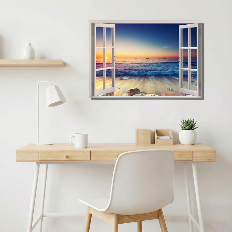 Toile ouverte sur fond blanc avec vue sur l'océan, H 20 po x l 30 po