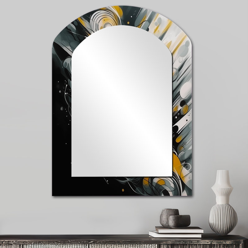 Gris et jaune infini géométrie II - miroir mural décoratif arqué géométrique, grand miroir asymétrique gris, impression sur métal