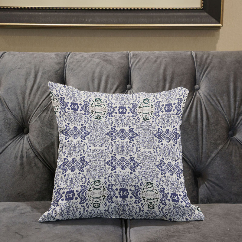 Housse et insert de coussin carré en polyester intérieur / extérieur, 16 po x 16 po, Blanc, bleu, gris