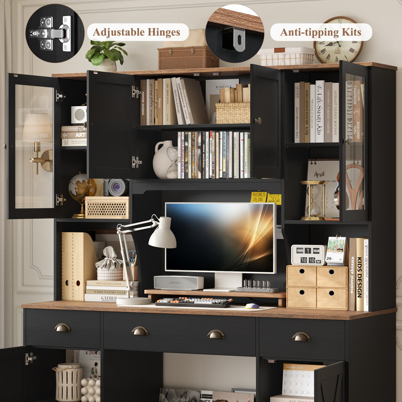63'' W x 74.8'' H 3-Drawer Computer Desk with Hutch, Brown/Black