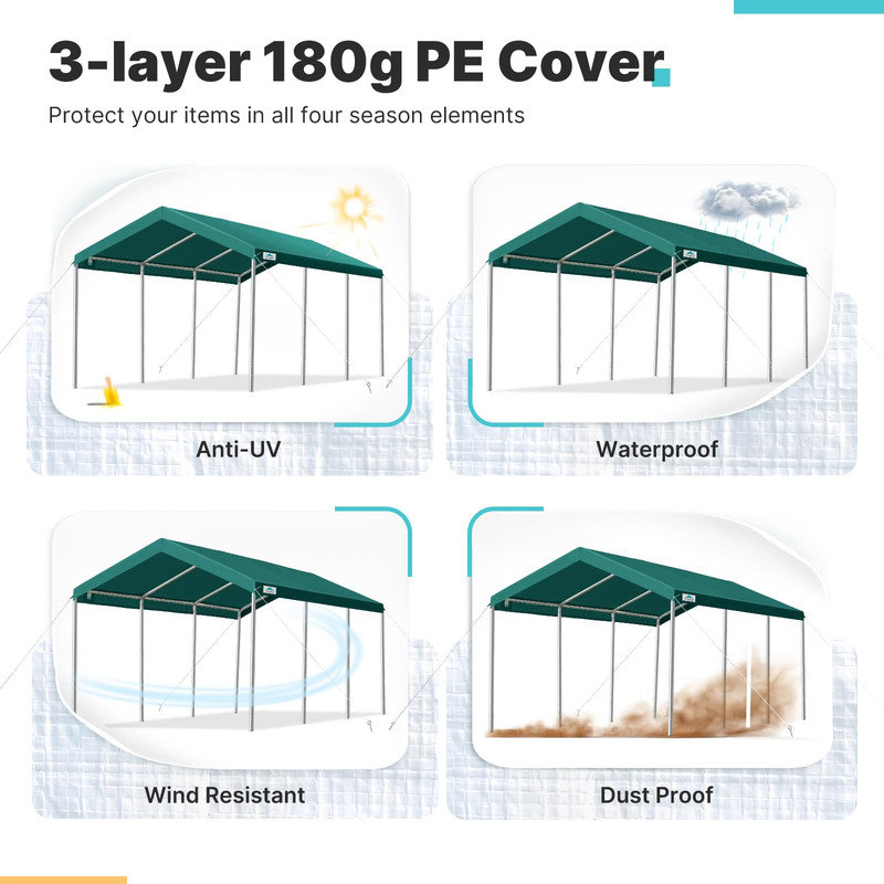 ADVANCE OUTDOOR 10' x 20' Heavy Duty Steel Carport Car Canopy Garage Boat Shelter Party Tent, Adjustable Height from 9.6 ft to 11.2 ft, Green