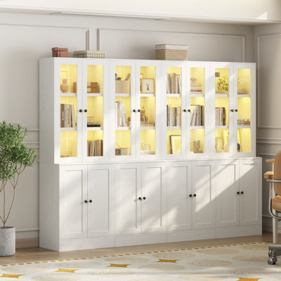 71"H Tall Bookcase Cabinet with Glass Doors, LED Lights & Power Outlet, Large Storage Display Shelf for Living Room Bedroom