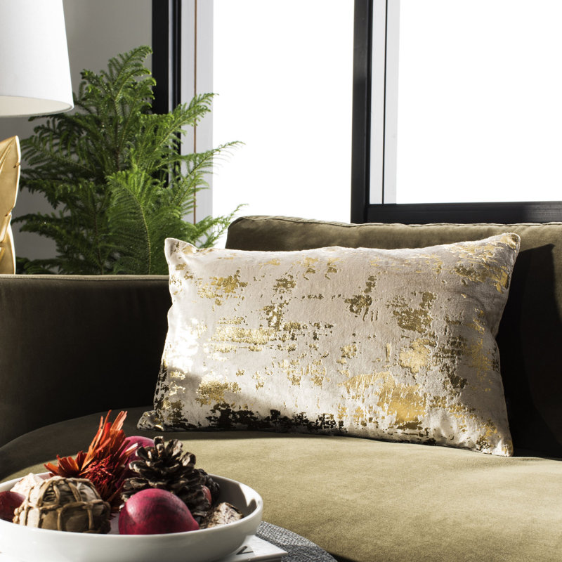 Abstract Cotton Blend Reversible Throw Pillow, 12" x 20", Beige/Gold
