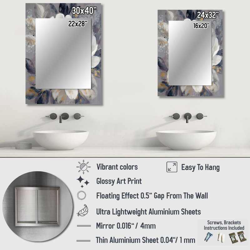 Emotion of White Gold Peony Flower I - Miroir décoratif pivoines, grand miroir mural moderne, impression sur métal