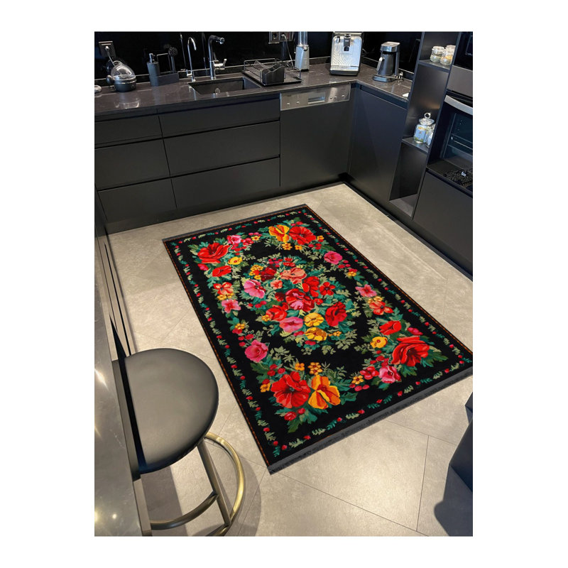 Black Themed Multicolor Flower and Rose Patterned Creative Modern Decorative Rug, Rectangle 3'3" x 4'11" Rug Pad Included