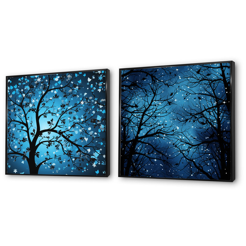 Arbre de lune bleu Revery I - ensemble de 2 décorations murales, Cadre noir, H 16 po x l 33 po x P 1 po