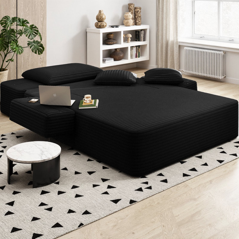 Chaise longue en velours côtelé moelleux avec 3 coussins, canapé-lit convertible avec fermeture à glissière cachée et poche latérale, conception sans cadre, aucun assemblage requis pour les petits espaces, salon, appartement