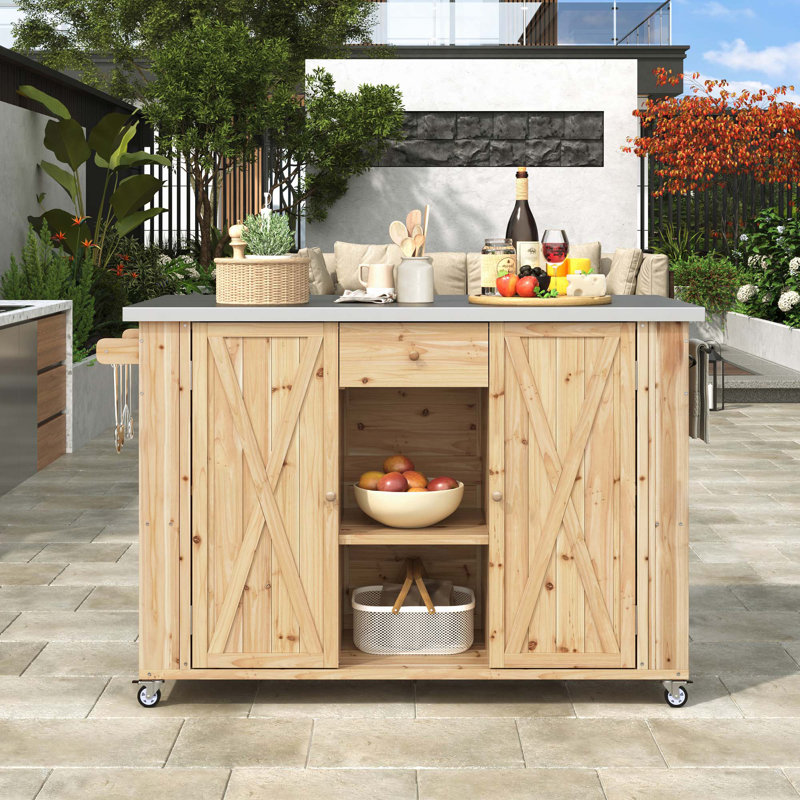 Outdoor Kitchen Island Table with Towel and Spice Racks and a Bottle Opener for Outdoor, Natural Wood