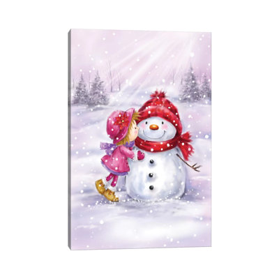 Girl Kissing Snowman by MAKIKO - Wrapped Canvas Painting