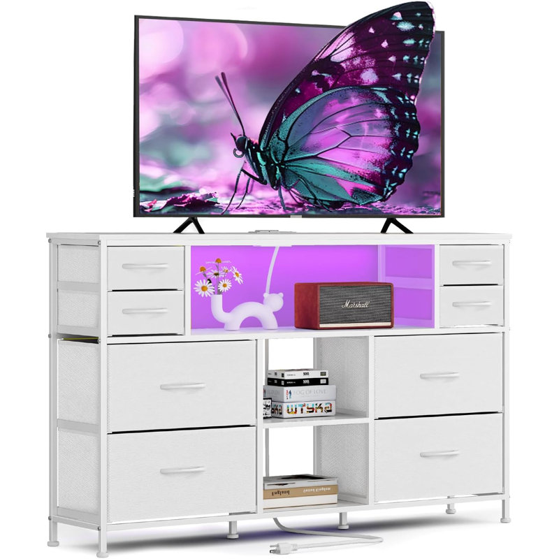 Modern TV Stand With Built-In LED Lights, Power Outlets, And USB Ports, Media Console With Drawers And Open Shelves For Living Room Entertainment Setup