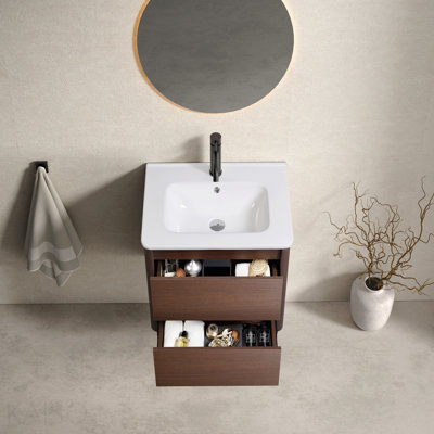 Meuble-lavabo mural noir brun 23 po x 18 po x 19 po - Facile à assembler avec des panneaux numérotés, un tiroir à fermeture en douceur, une finition résistante aux égratignures pour un rangement moderne dans la salle de bain sans lavabo