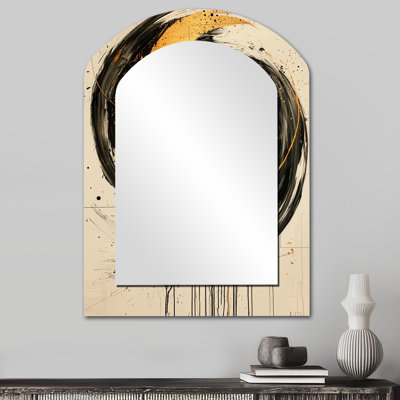 Cercle abstrait dans des tons d'or et de gris I - grand miroir mural arqué sur métal