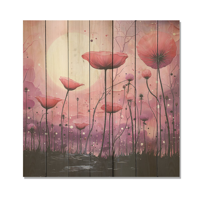 Motif de coquelicots roses et mauves au clair de lune - Poppies sur bois, H 30 po x l 30 po