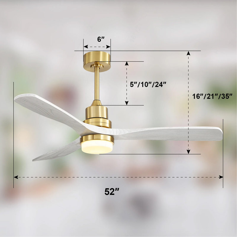 52 Inch Ceiling Fan With Dimmable Led Light 3 Solid Wood Blades Remote Control Reversible DC Motor For Living Room