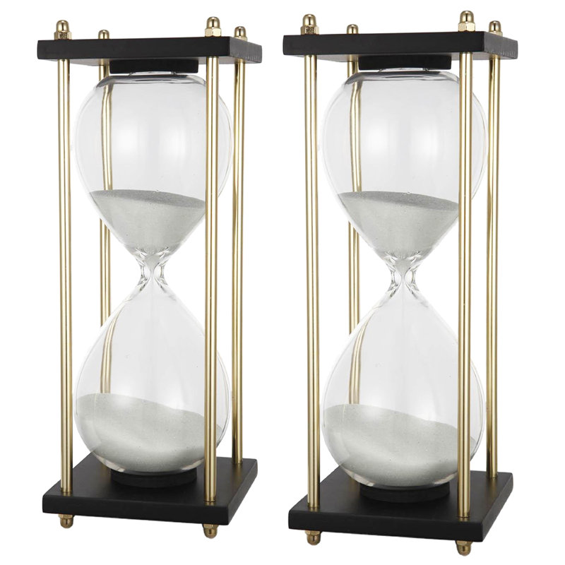 Hour Glass In Stand  Set of 2  4" x 4" x 9"  Black/Gold/White